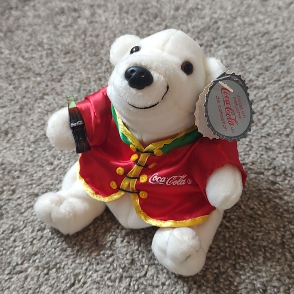 NewโWith Tag Style #0177 Coca Cola Bean Bag Plush Polar Bear In Red Satin Jacket